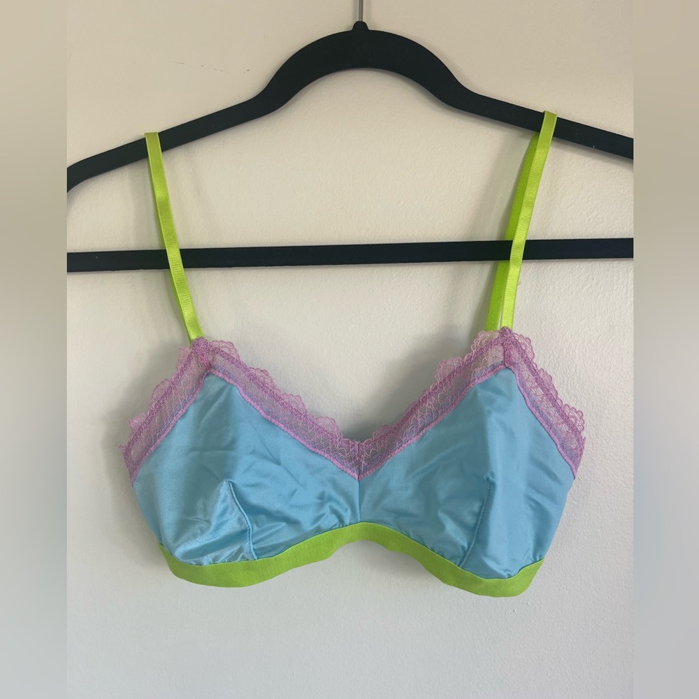 Dora Larson Soft Bra in Blue, Lime, and Lilac with Lace Trim Bralette US 6